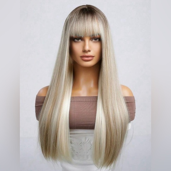 30 Inch Ombre brown to Light Blonde with highlights Long wig with bangs - Picture 1 of 12